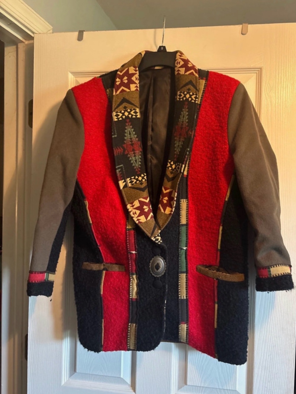 Columbia Red, Black & Olive Aztec-Trim Mixed-Media Blazer